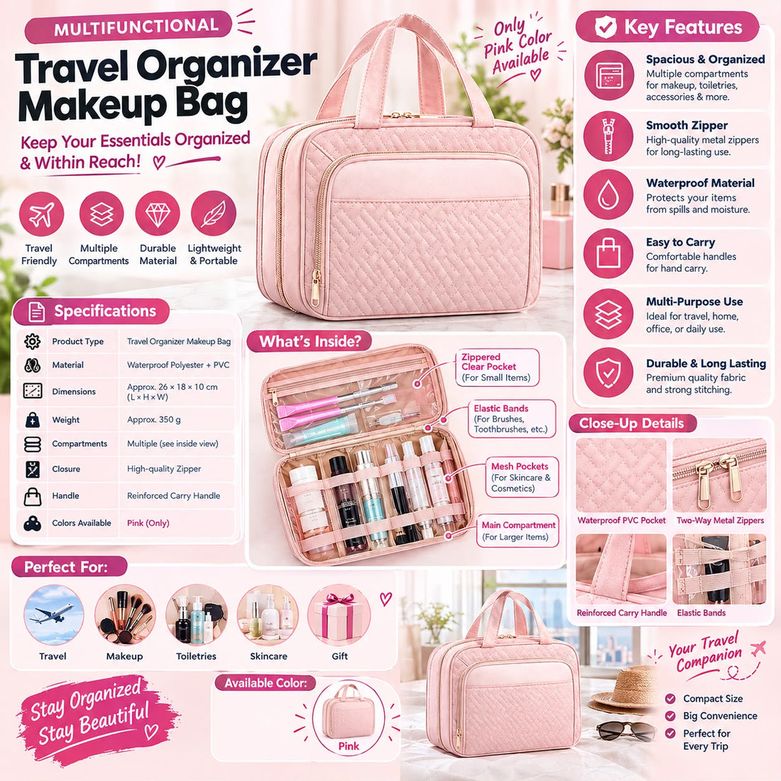 Large Travel Cosmetic Bag with Waterproof Hanging Hook